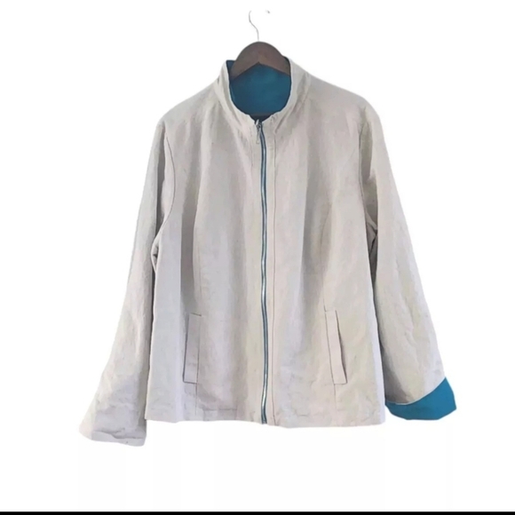 Lafayette 148 Linen Blend Reversible Jacket Full Zip Cream Turquois Womens 22 - Picture 1 of 12